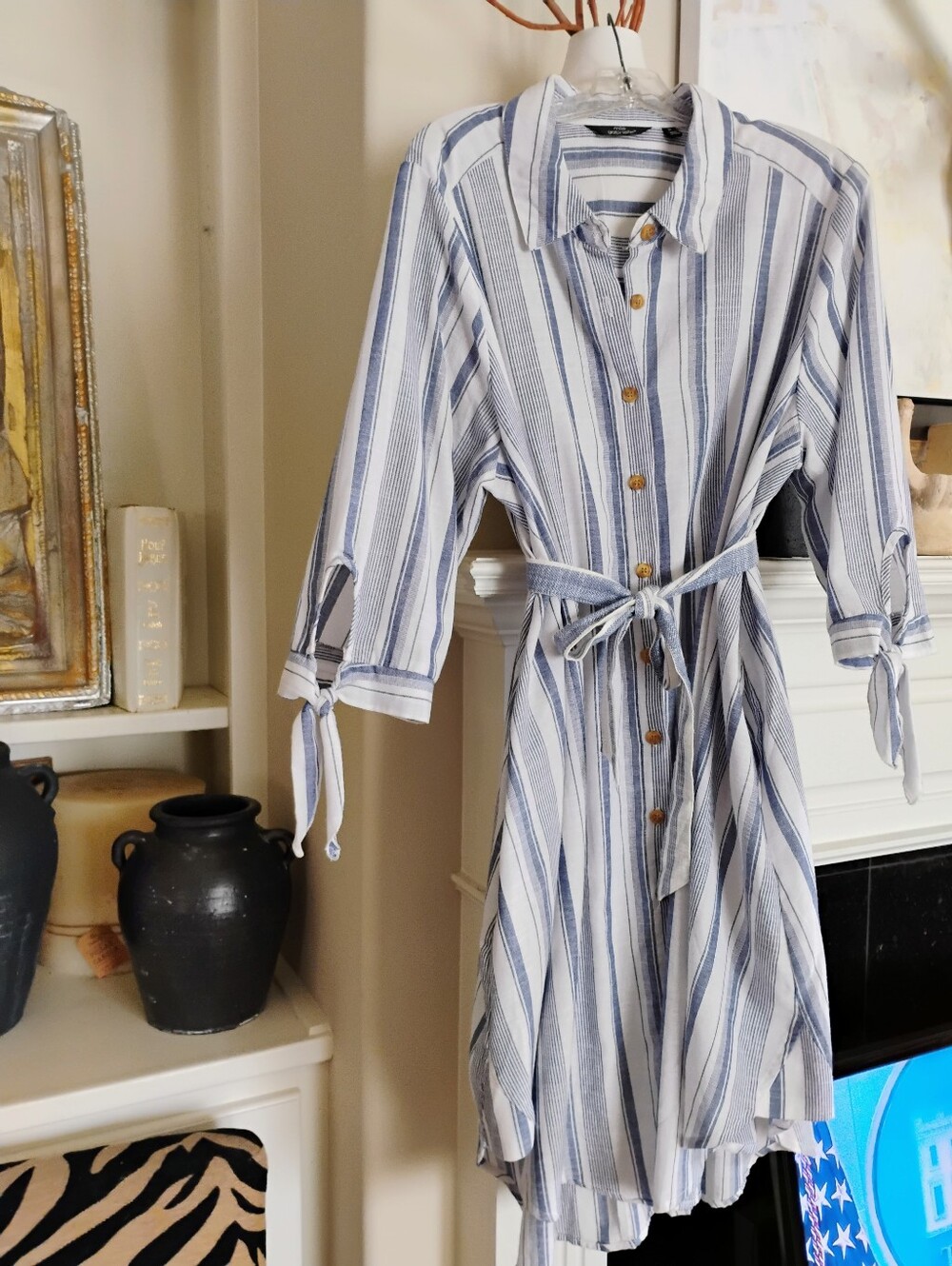 New Without Tags...Mlle Gabrielle Blue & White Striped High-Low Shirt Dress